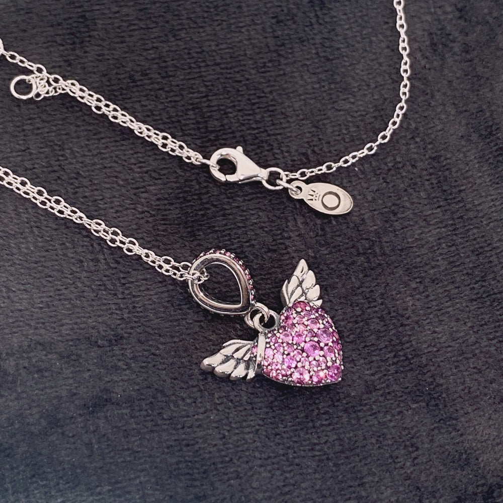 PAN Pavé Heart & Angel Wings Necklace 925 silver Timeless Necklace for women pink 398505C02