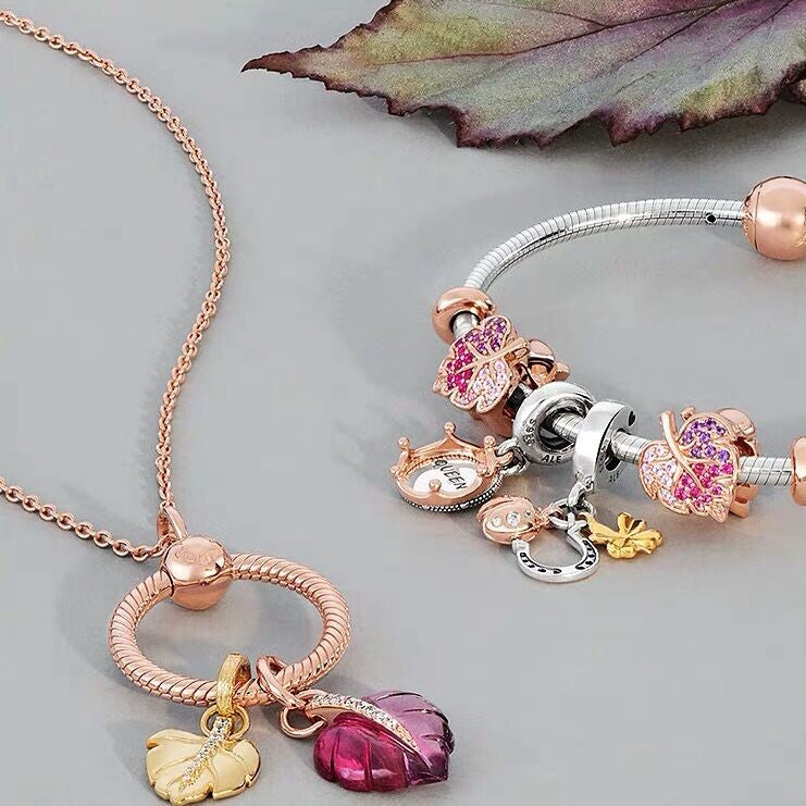 【Moments】Rose Pink Murano Glass Leaf Pendant Charm 925 Silver rose gold pink 388258PMU