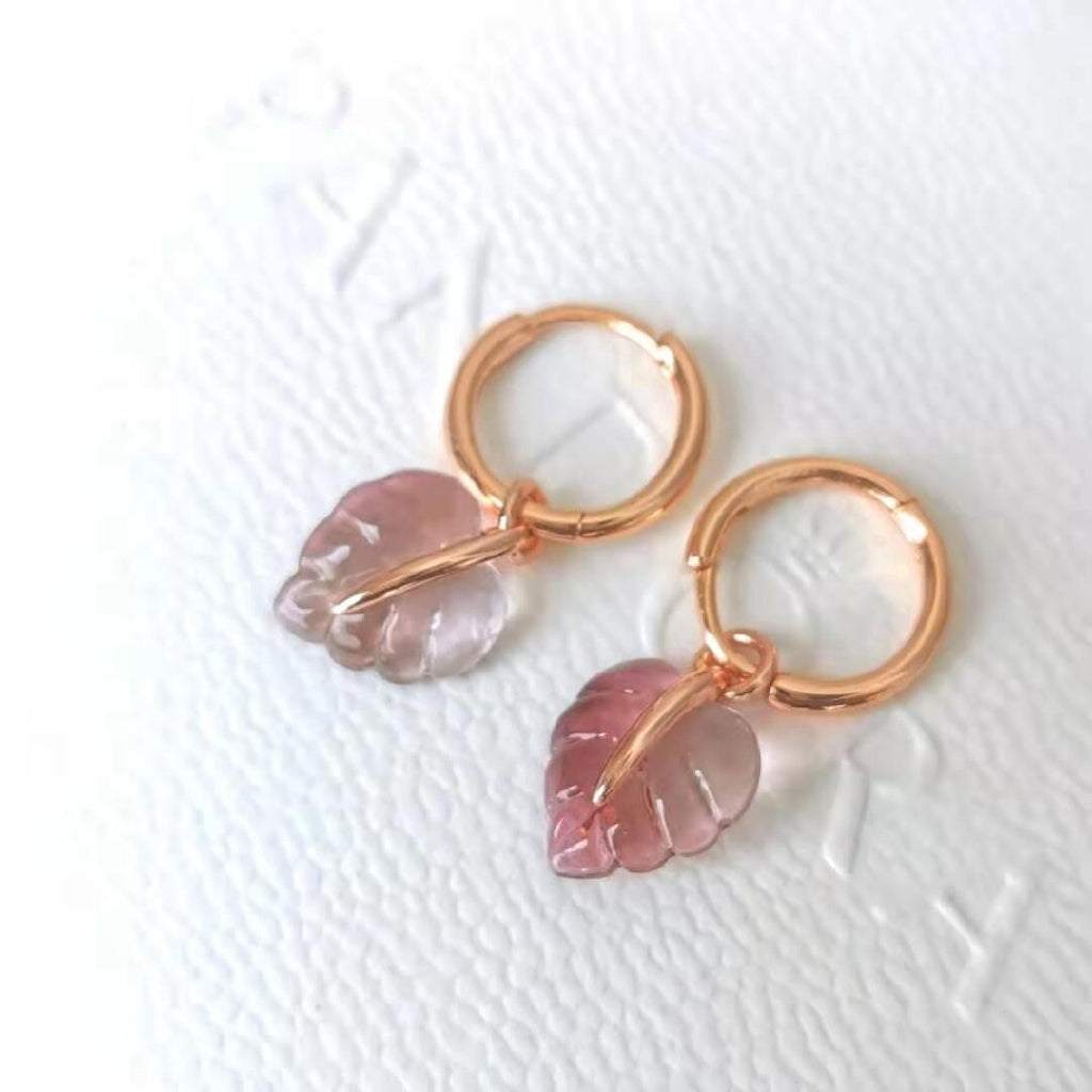 Pan Rose Pink Murano Glass Leaf Hoop Earrings 925 silver Glass for women rose gold 288317PMU