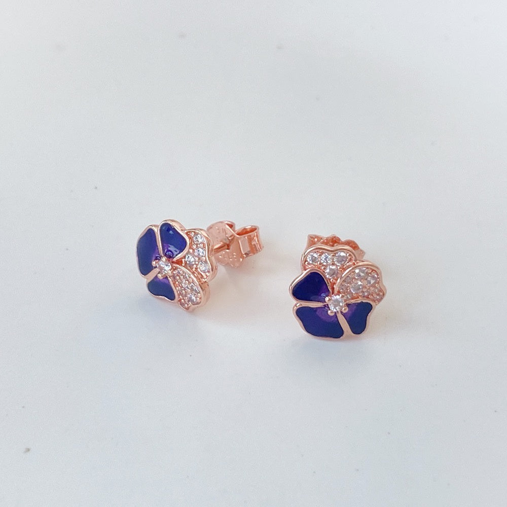 PAN Deep Purple Pansy Flower Stud Earrings 280781C01 Girl women cute earrings rose gold