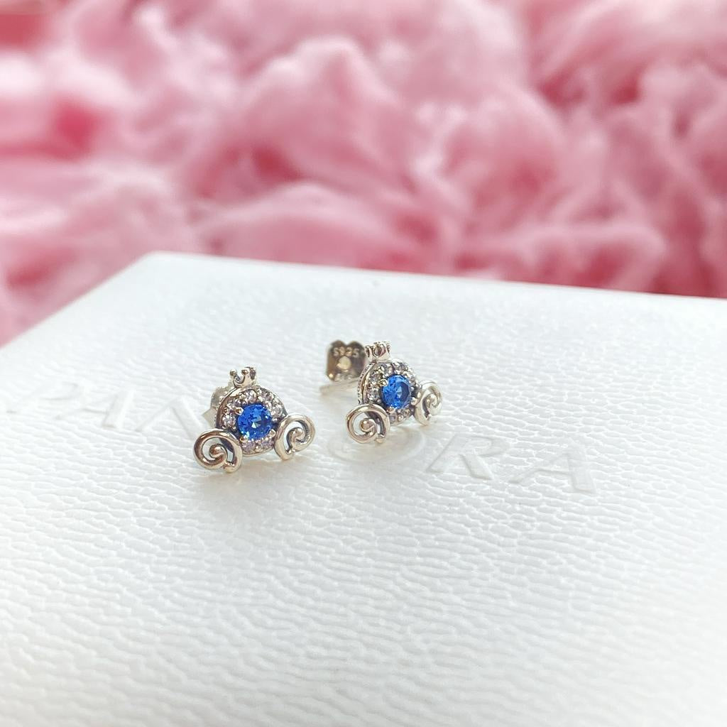 PAN Disny Cinderella Pumpkin Coach Stud Earrings 299193C01 925 Sterling Silver blue crown