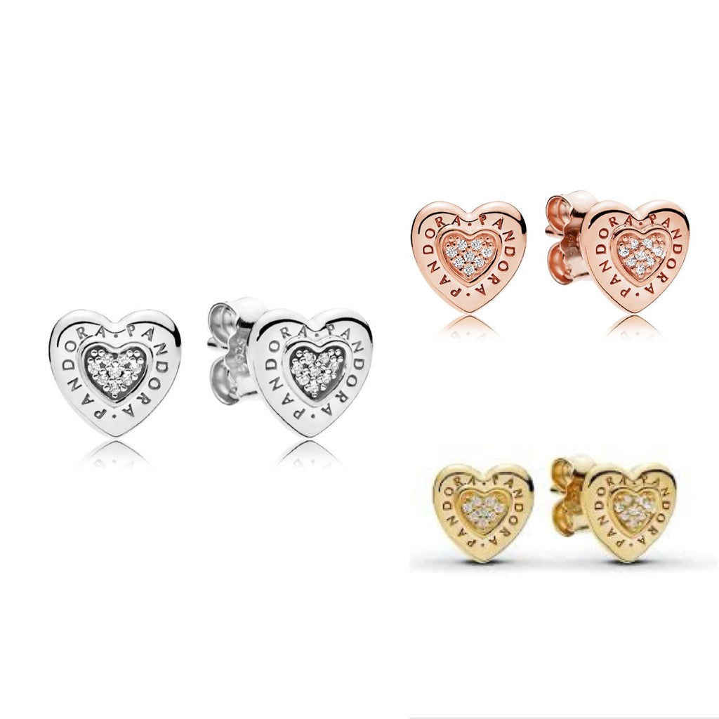 PAN Signature Heart Stud Earrings 925 silver diamond earring Stud Rose gold Clear 297382CZ 267382CZ 287382CZ