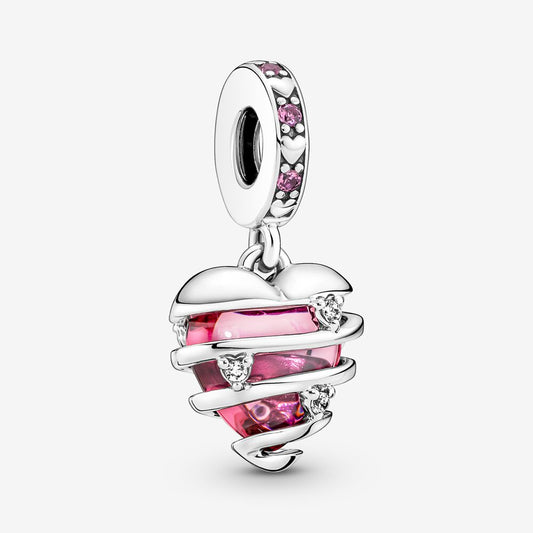 【Moments】Pan Reveal Your Love Heart Spiral Dangle Charm pink crystal pendant 925 silver 791131C01