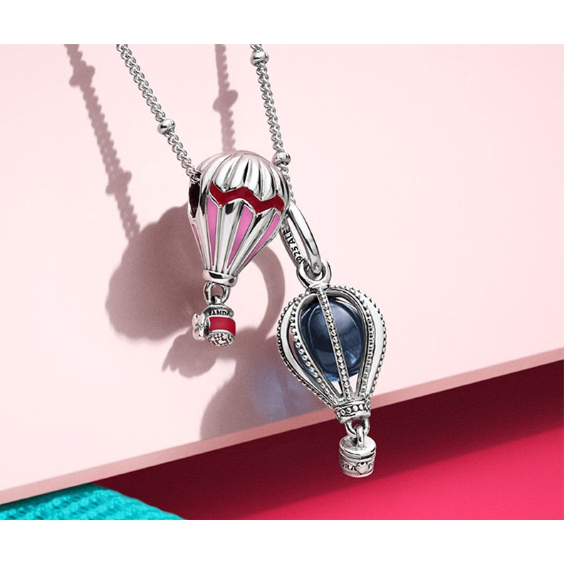 【Moments】Hot Air Balloon Dangle Charm 925 Silver Blue/Pink Crystal for women pendant 798064NMB 789434C01