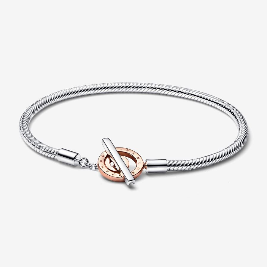 【MOMENTS】 PAN Signature Two-tone Logo T-Bar Snake Chain Bracelet 925 silver rose gold 582309C00