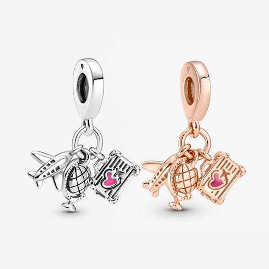 【Moments】Pan Airplane, Globe & Suitcase Triple Dangle Charm Air rose gold pedant 799435C01 789435C01