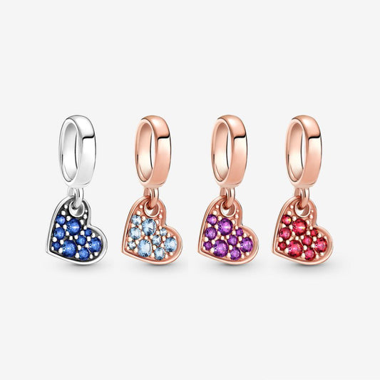 【Moments】Pan Light Blue/Purple/Red  Pavé Tilted Heart Dangle Charm Rose gold  925 silver 789404C01