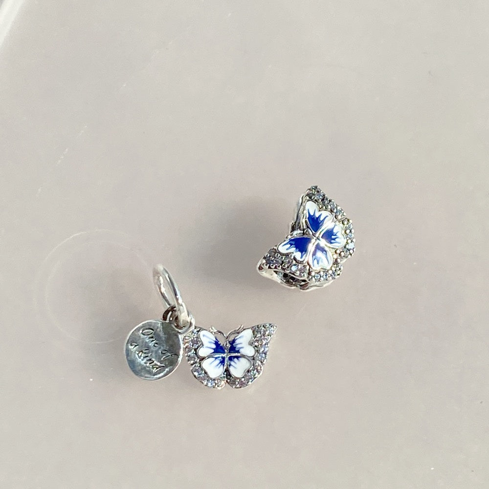 【Moments】PAN Blue Butterfly Sparkling Charm 790761C01 925 silver hand-painted enamel