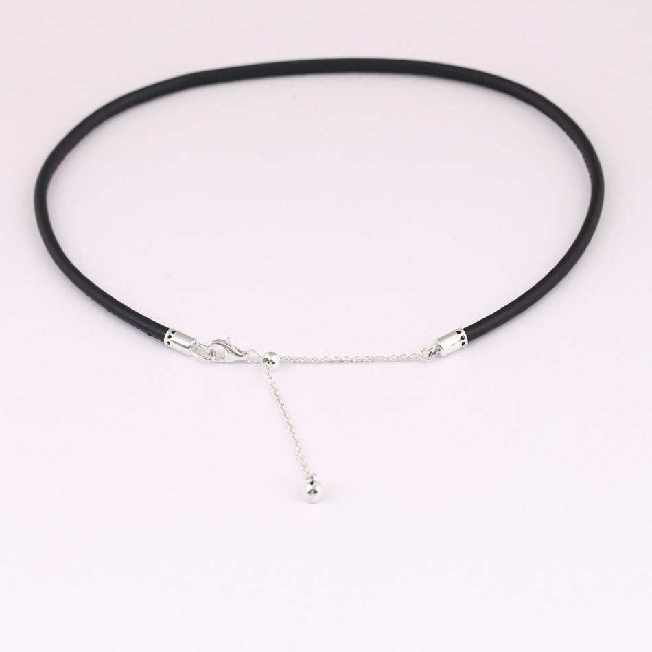 Black Leather Choker Necklace 925 silver adjustable for pan