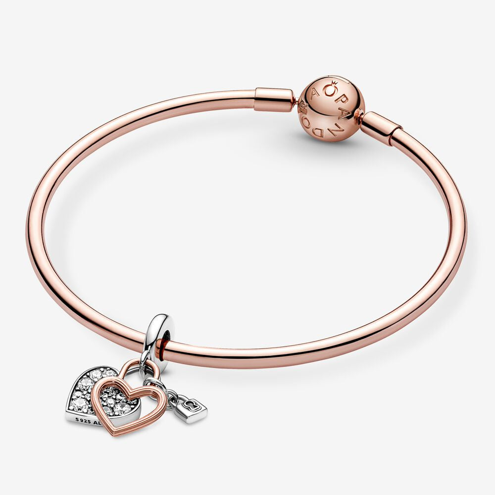 【Moments】PAN rose gold two-tone Heart Padlock Double Dangle Charm 925 silver 2022 pednat 780087C01