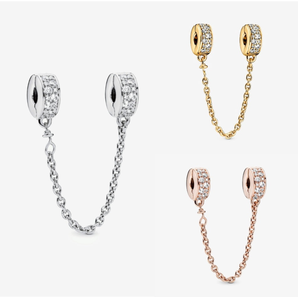 【Moments】PAN Clear Pavé Safety Chain Clip charm 925 silver Safety Chain charm Rose gold Classic zircon 796322CZ 786322CZ 766322C01