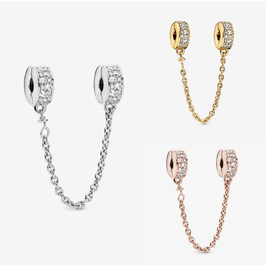 【Moments】PAN Clear Pavé Safety Chain Clip charm 925 silver Safety Chain charm Rose gold Classic zircon 796322CZ 786322CZ 766322C01