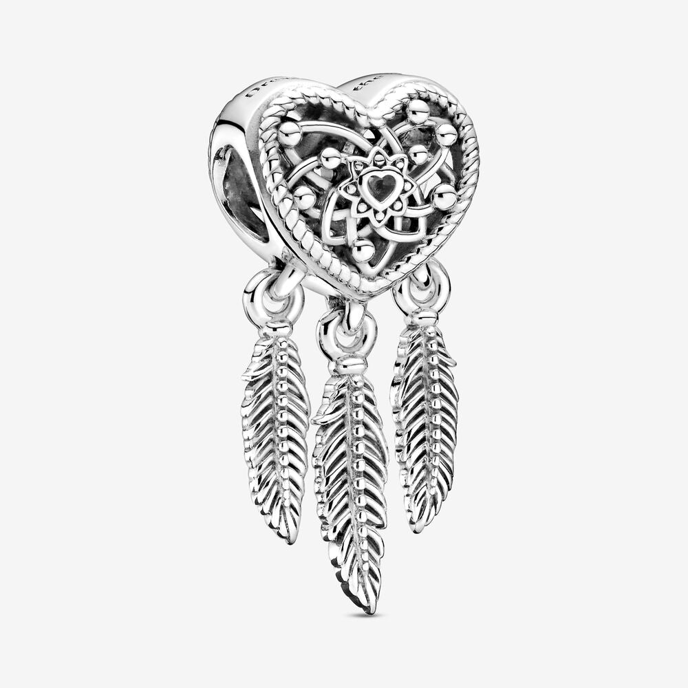 【Moments】PAN Openwork Heart & Three Feathers Dreamcatcher Charm 799107C00 pendant  925 silver