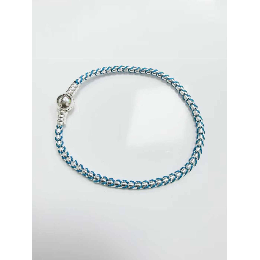 【MOMENTS】PAN Blue Cord Snake Chain Bracelet 593816C01 925 Sterling Silver Blue
