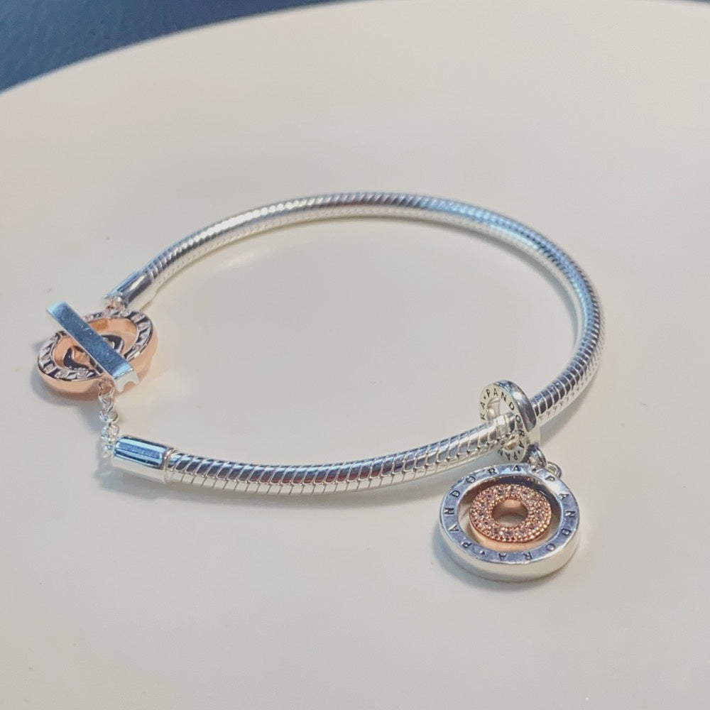 【MOMENTS】 PAN Signature Two-tone Logo T-Bar Snake Chain Bracelet 925 silver rose gold 582309C00