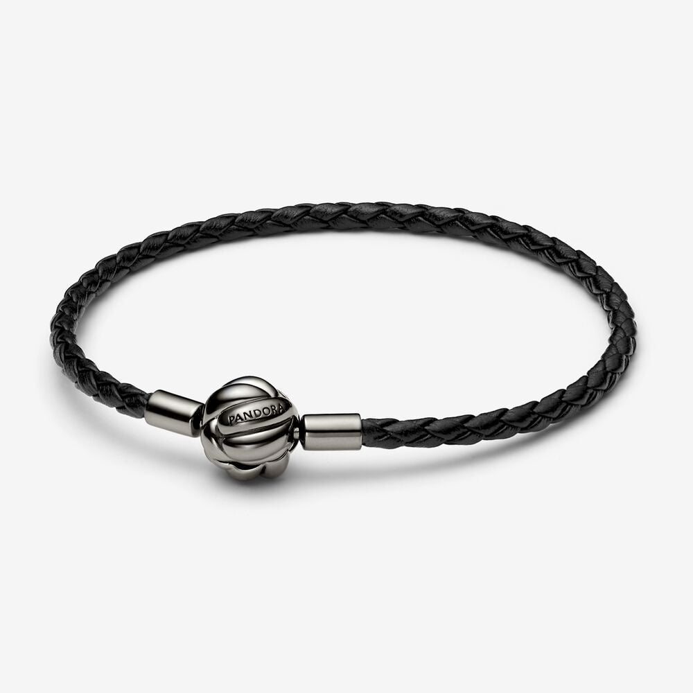 【Moments】PAN Love Knot Braided Leather Bracelet 925 silver Black  for women men Couples 542421C01