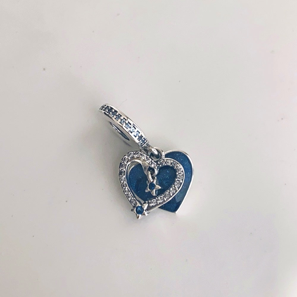 【Moments】Pan Celestial Shooting Star Heart Double Dangle Charm 792356C01 925 Silver blue pendant