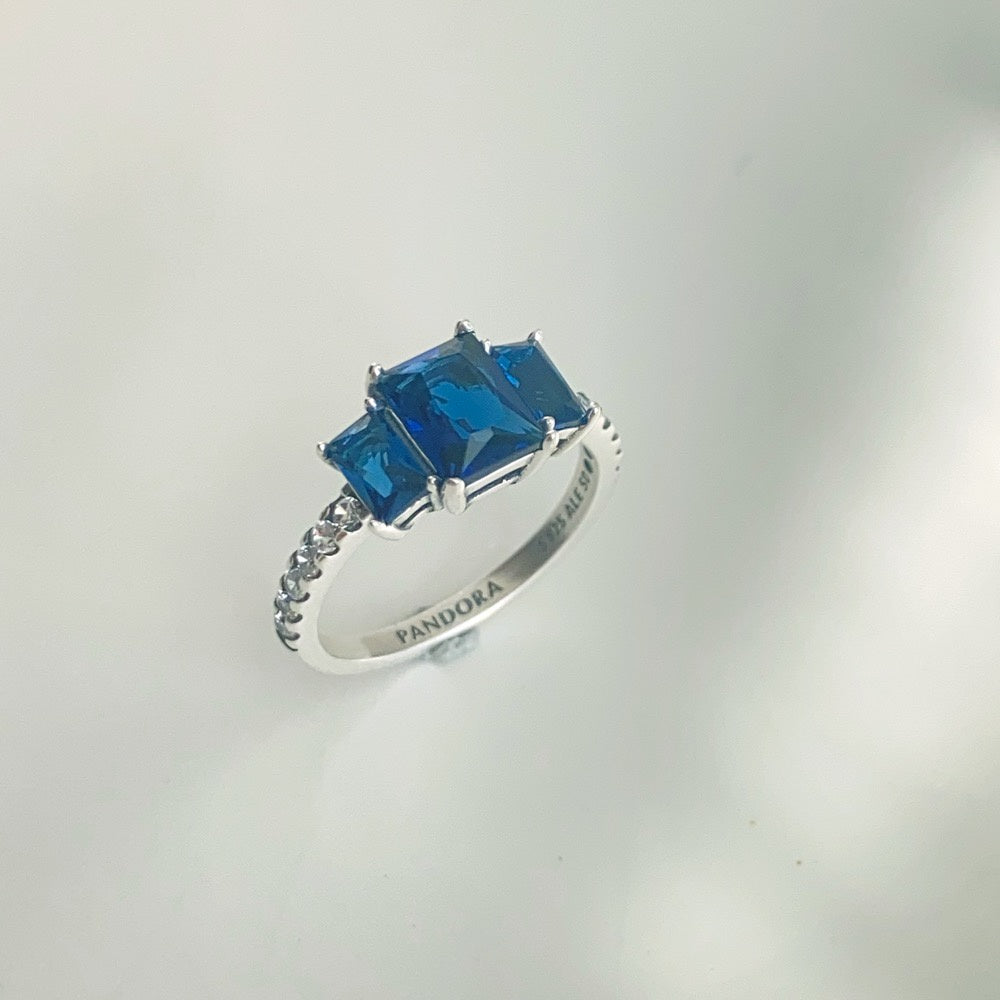 PAN Blue Rectangular Three Stone Sparkling Ring 192389C01 Simple 925 silver sapphire sapphire women