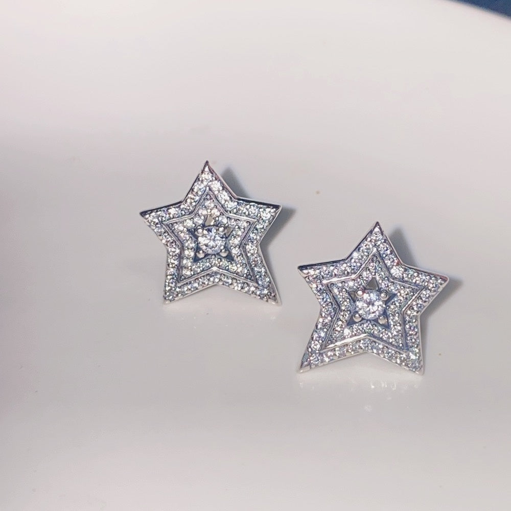 Pan Celestial Asymmetric Star Stud Earrings 925 silver 292415C01 Sterling Silver diamond Big star