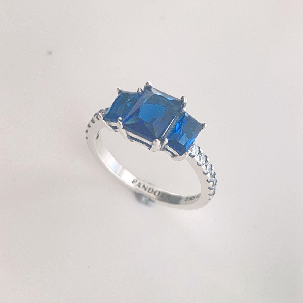 PAN Blue Rectangular Three Stone Sparkling Ring 192389C01 Simple 925 silver sapphire sapphire women