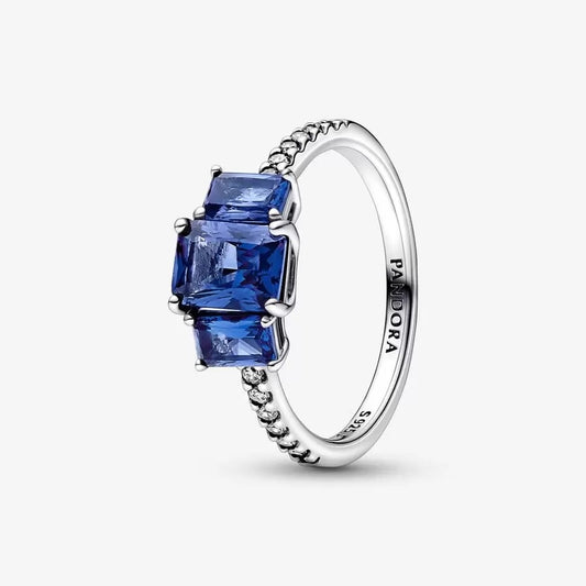 PAN Blue Rectangular Three Stone Sparkling Ring 192389C01 Simple 925 silver sapphire sapphire women