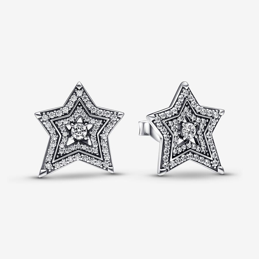 Pan Celestial Asymmetric Star Stud Earrings 925 silver 292415C01 Sterling Silver diamond Big star