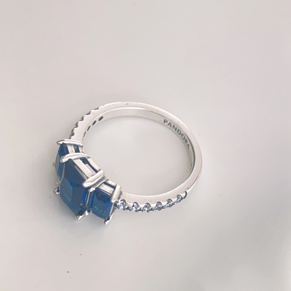 PAN Blue Rectangular Three Stone Sparkling Ring 192389C01 Simple 925 silver sapphire sapphire women