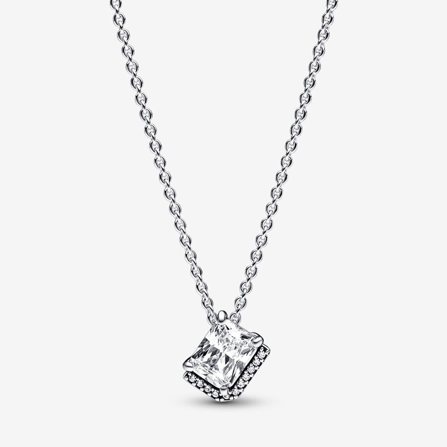 Pan Rectangular Sparkling Halo Collier Necklace 925 silver square 392388C01 Simple novel design