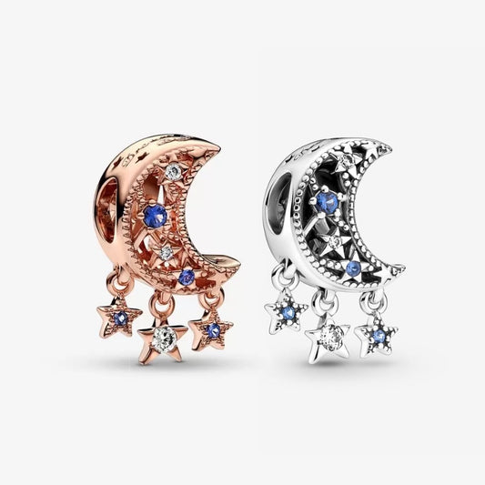 【Moments】PAN Star & Crescent Moon Charm 789643C01 Blue stone 925 Sterling Silver rose gold pendant