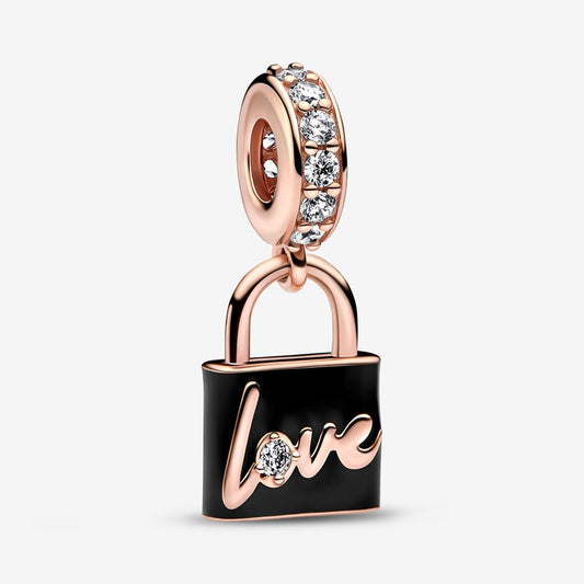 【Moments】Love Padlock Dangle Charm 782508C01 clear cubic zirconia  rose gold black heart pendant