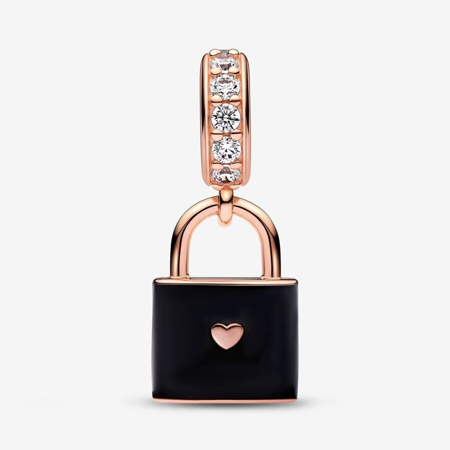 【Moments】Love Padlock Dangle Charm 782508C01 clear cubic zirconia  rose gold black heart pendant