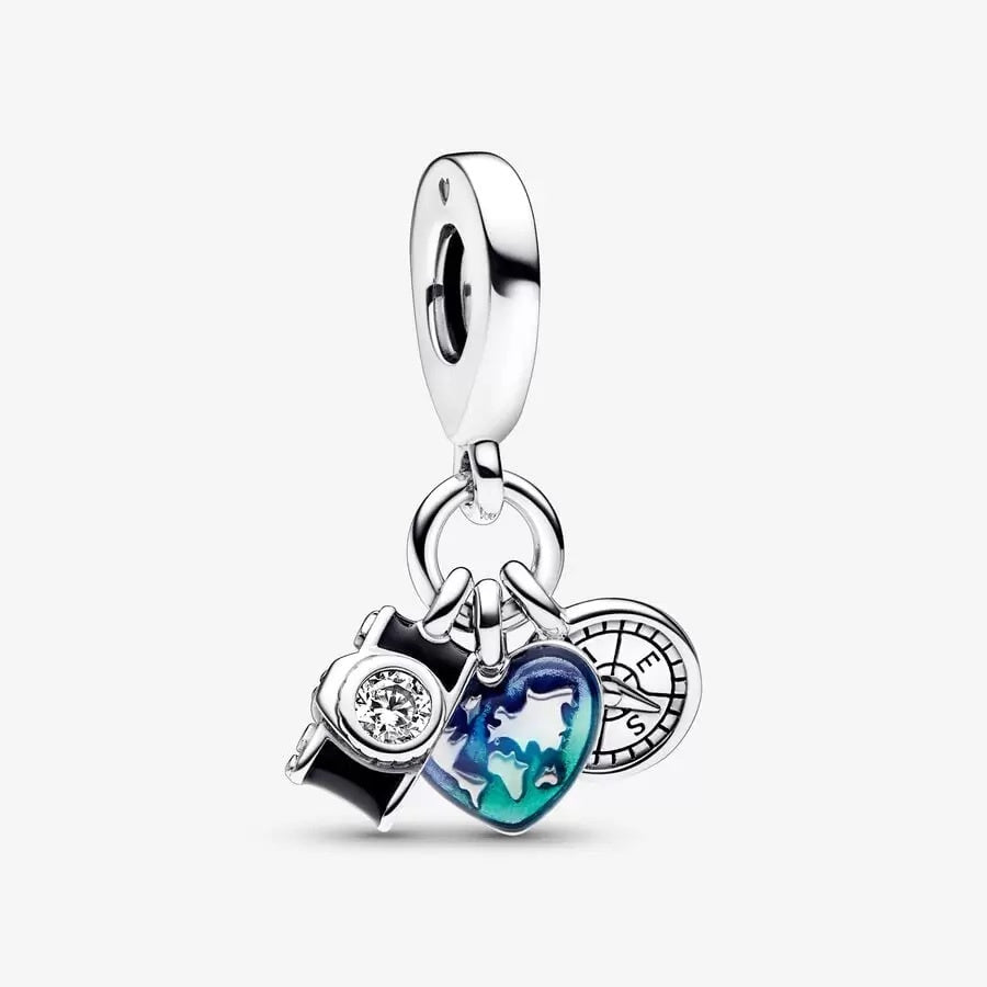 【Moments】Camera, Heart & Compass Triple Dangle Charm 792703C01 925 Silver animal Blue travel pendant