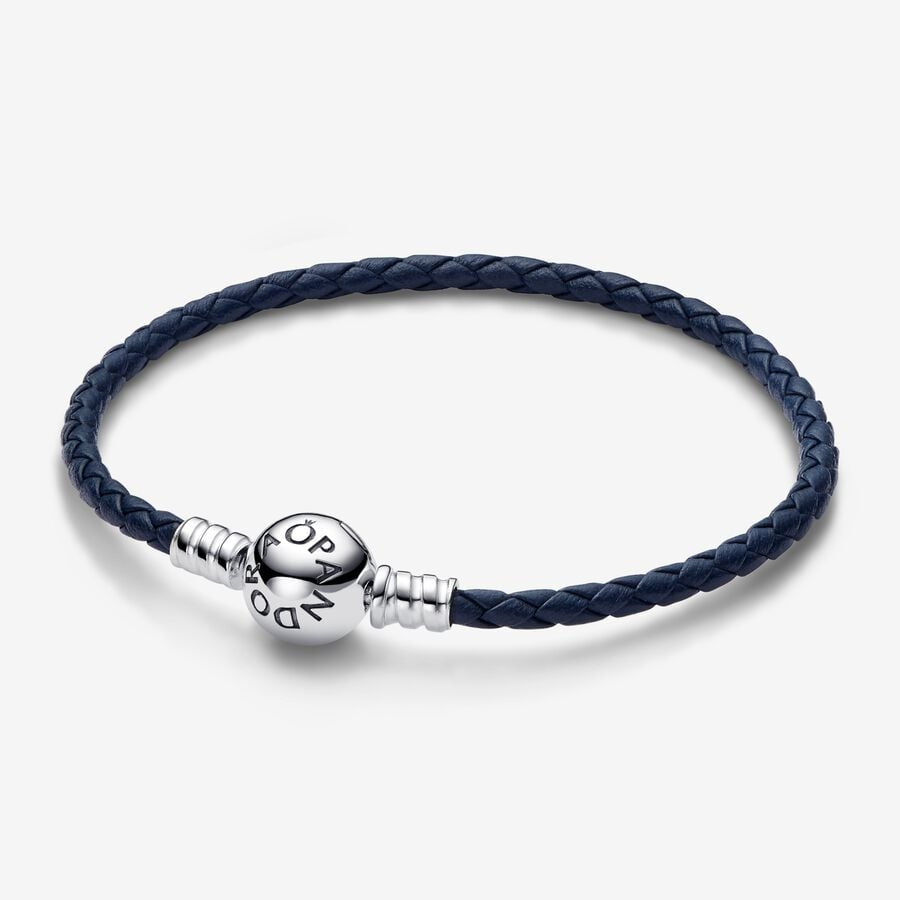 【Moments】PAN Love Knot Braided Leather Bracelet 925 silver Blue for women men Couples 592790C01