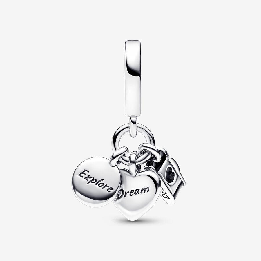 【Moments】Camera, Heart & Compass Triple Dangle Charm 792703C01 925 Silver animal Blue travel pendant