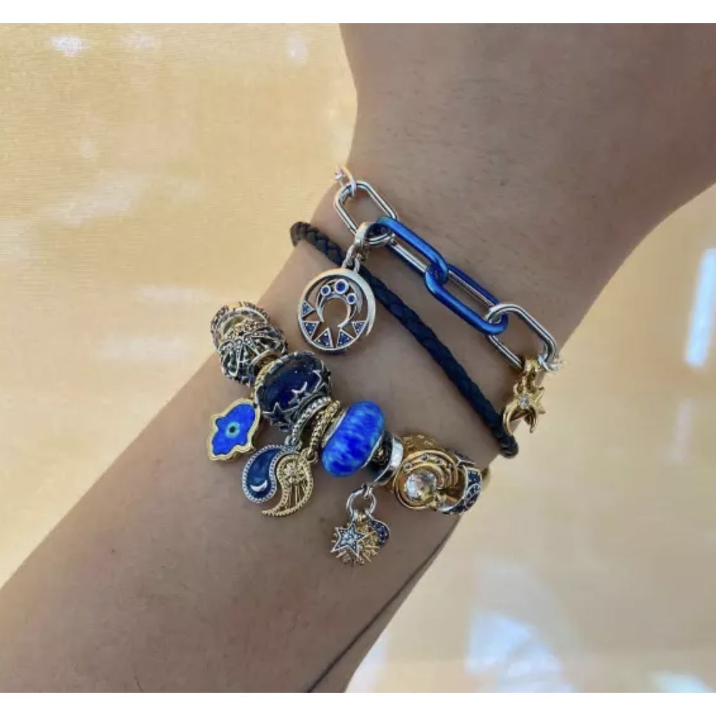 【Moments】PAN Love Knot Braided Leather Bracelet 925 silver Blue for women men Couples 592790C01