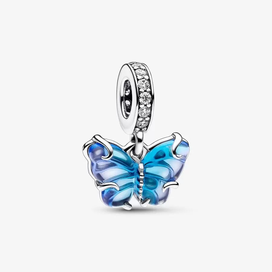 【Moments】Pan Blue Murano Glass Butterfly Dangle Charm 925 silver animal pendant 792698C01