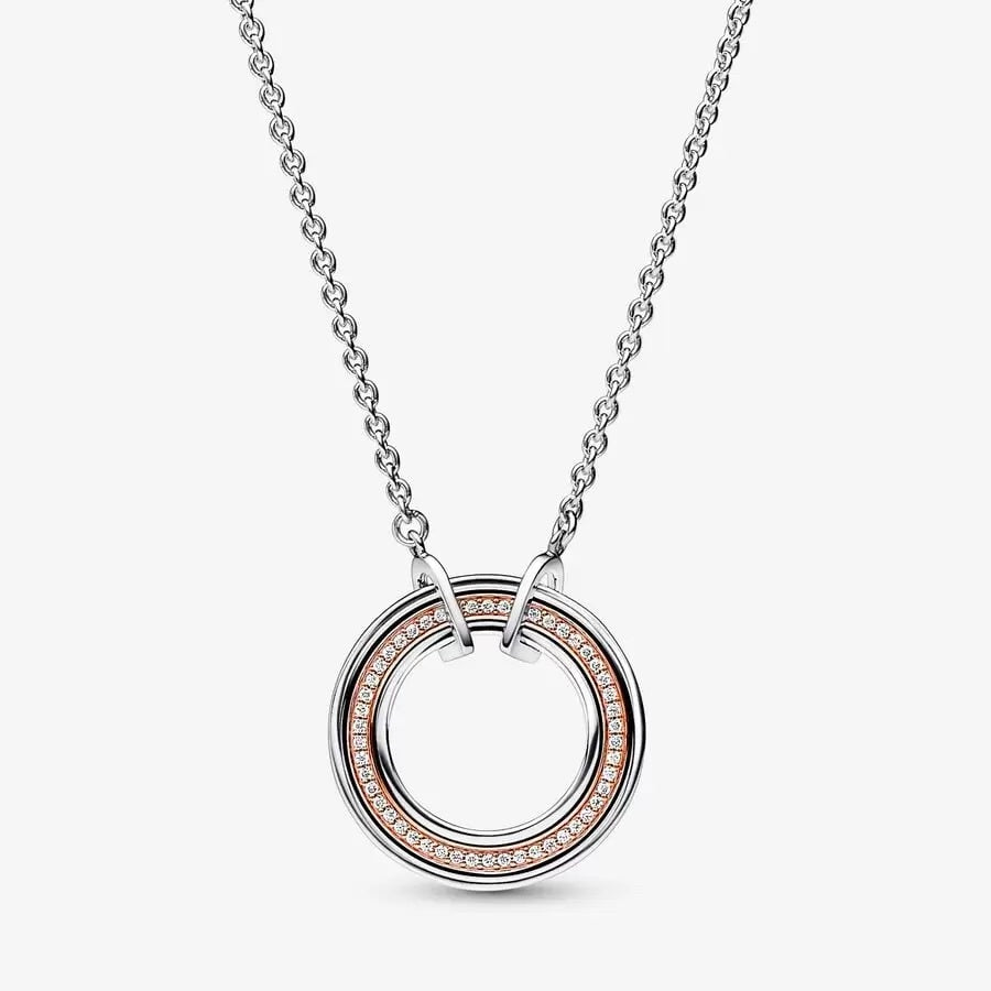 PAN Signature Two tone Intertwined Circles Necklace 382778C01 925 silver rose gold classic round