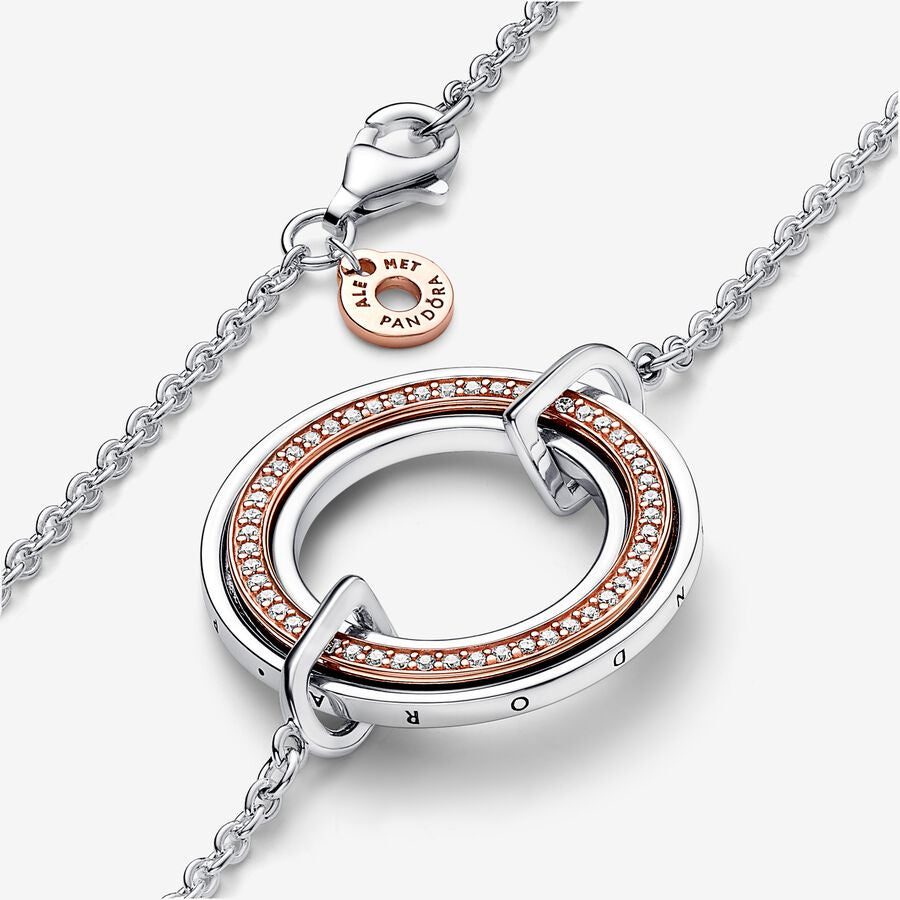 PAN Signature Two tone Intertwined Circles Necklace 382778C01 925 silver rose gold classic round