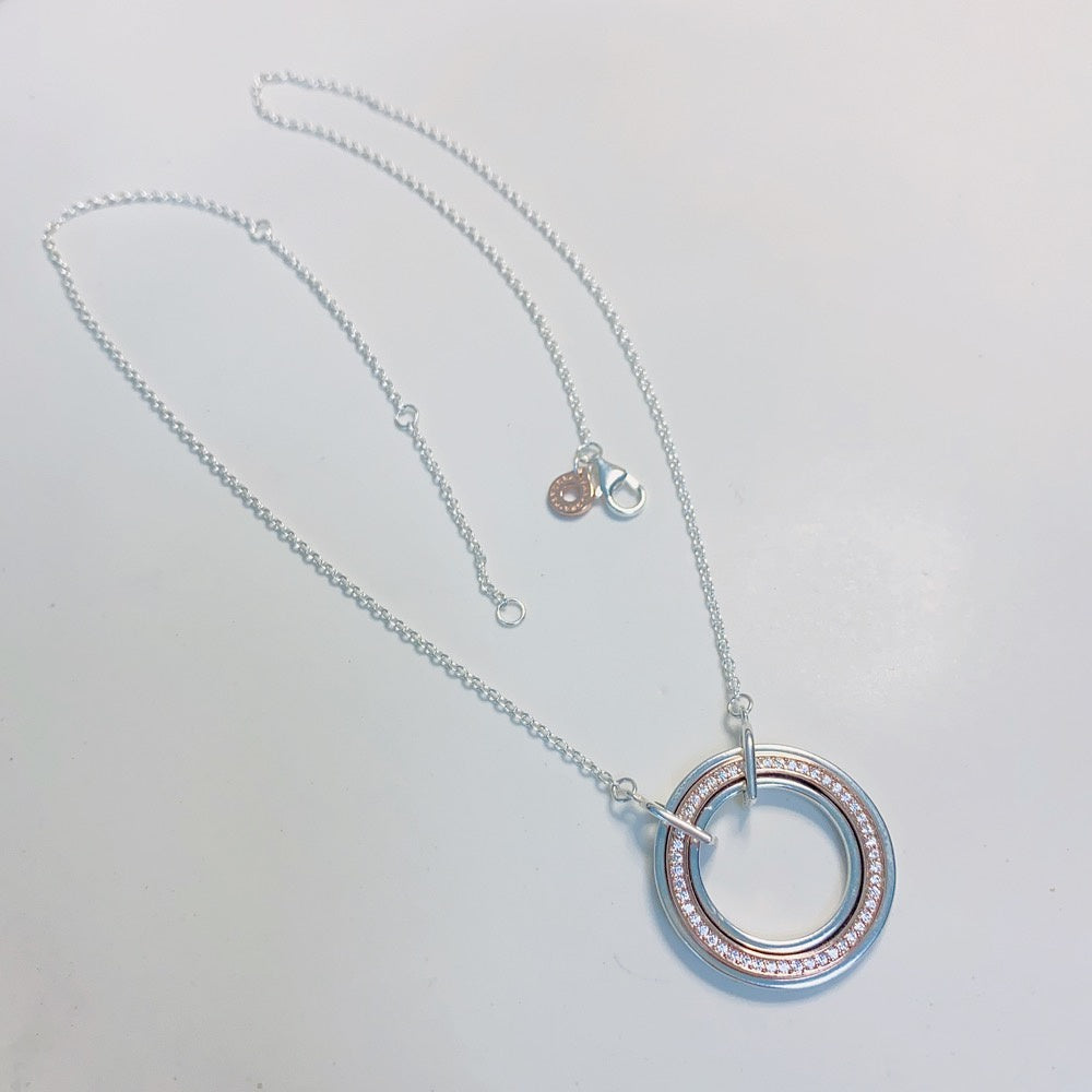 PAN Signature Two tone Intertwined Circles Necklace 382778C01 925 silver rose gold classic round