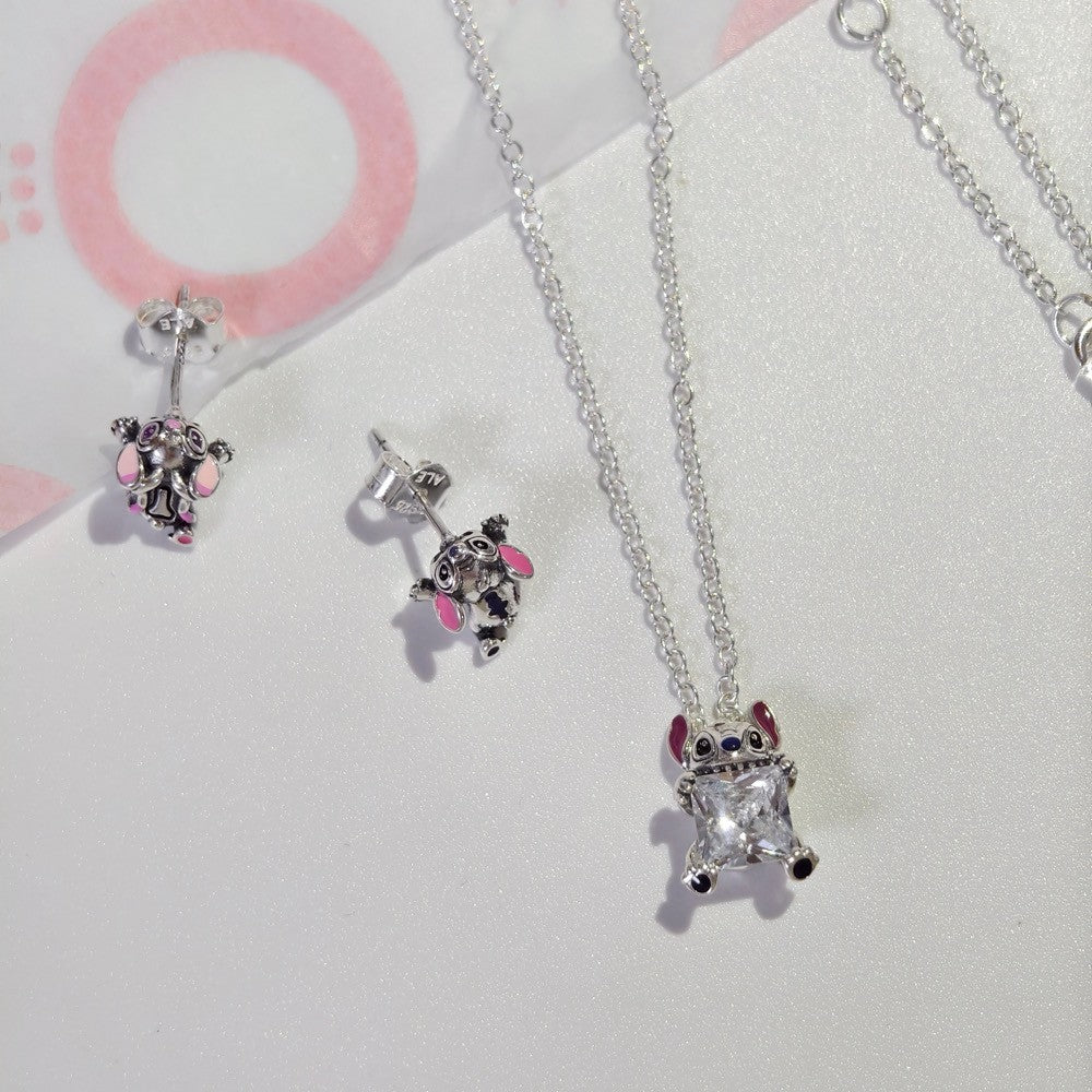 PAN Disney Stitch Collier Necklace 393743C01 crystal 925 silver for girl gift Cute cartoon