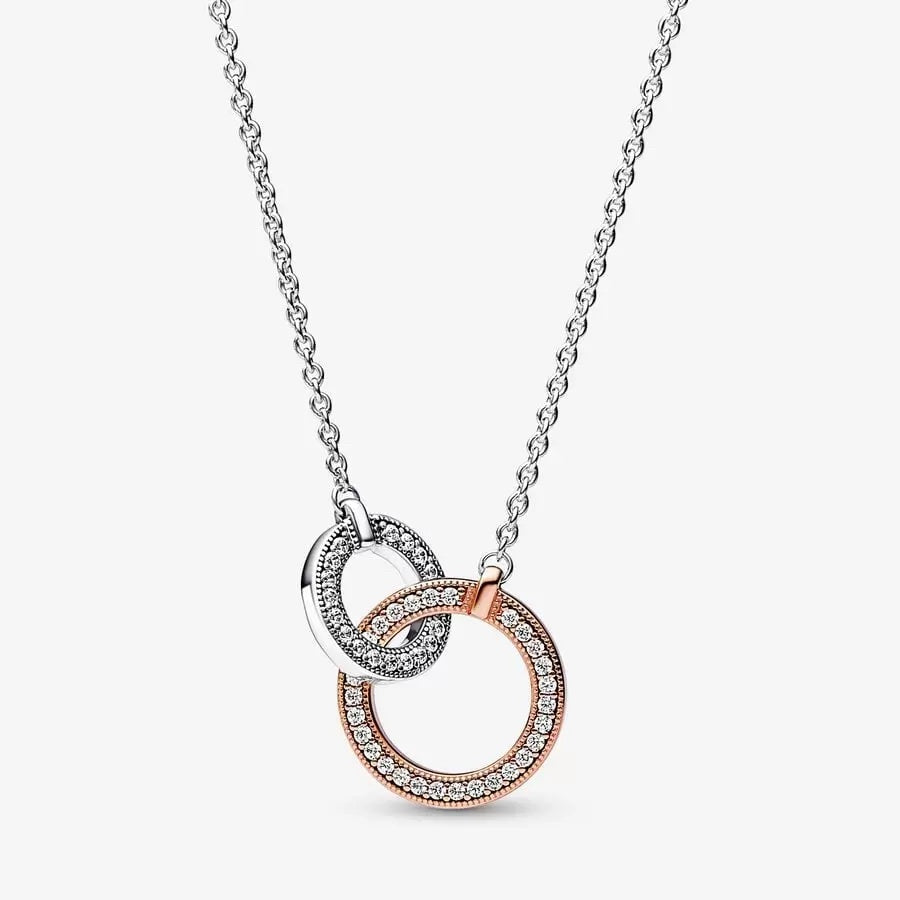 PAN Signature Two tone Intertwined Circles Necklace 382778C01 925 silver rose gold classic round