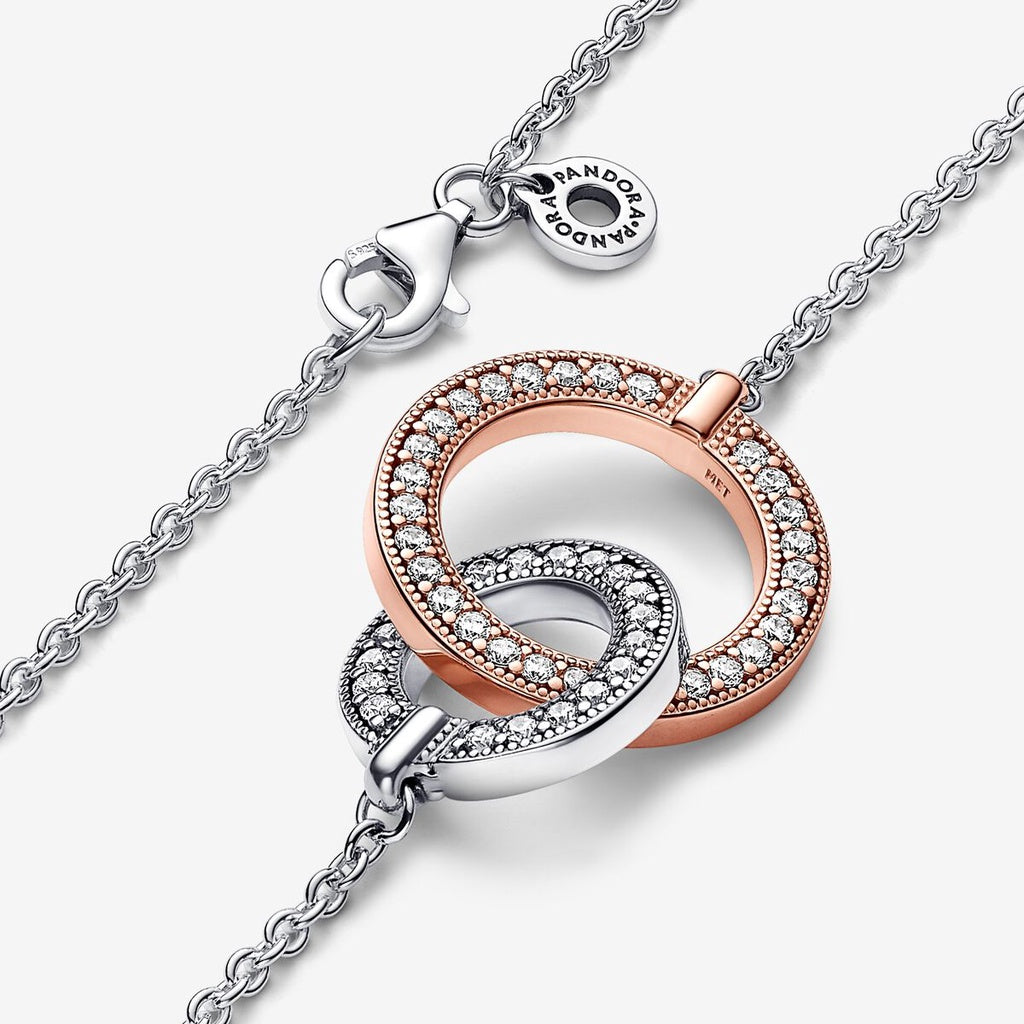 PAN Signature Two tone Intertwined Circles Necklace 382778C01 925 silver rose gold classic round