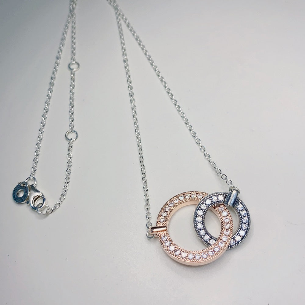 PAN Signature Two tone Intertwined Circles Necklace 382778C01 925 silver rose gold classic round