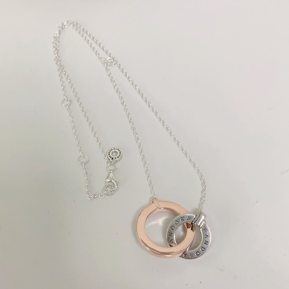 PAN Signature Two tone Intertwined Circles Necklace 382778C01 925 silver rose gold classic round