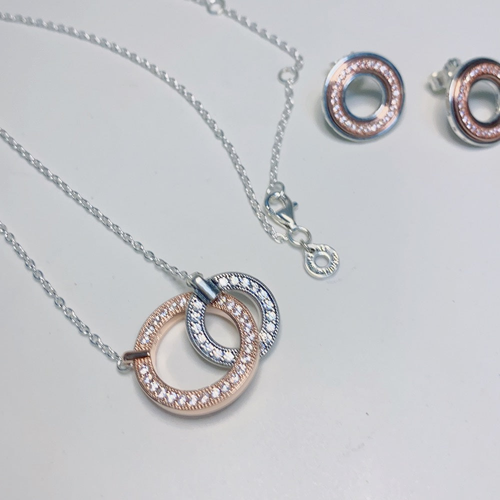 PAN Signature Two tone Intertwined Circles Necklace 382778C01 925 silver rose gold classic round