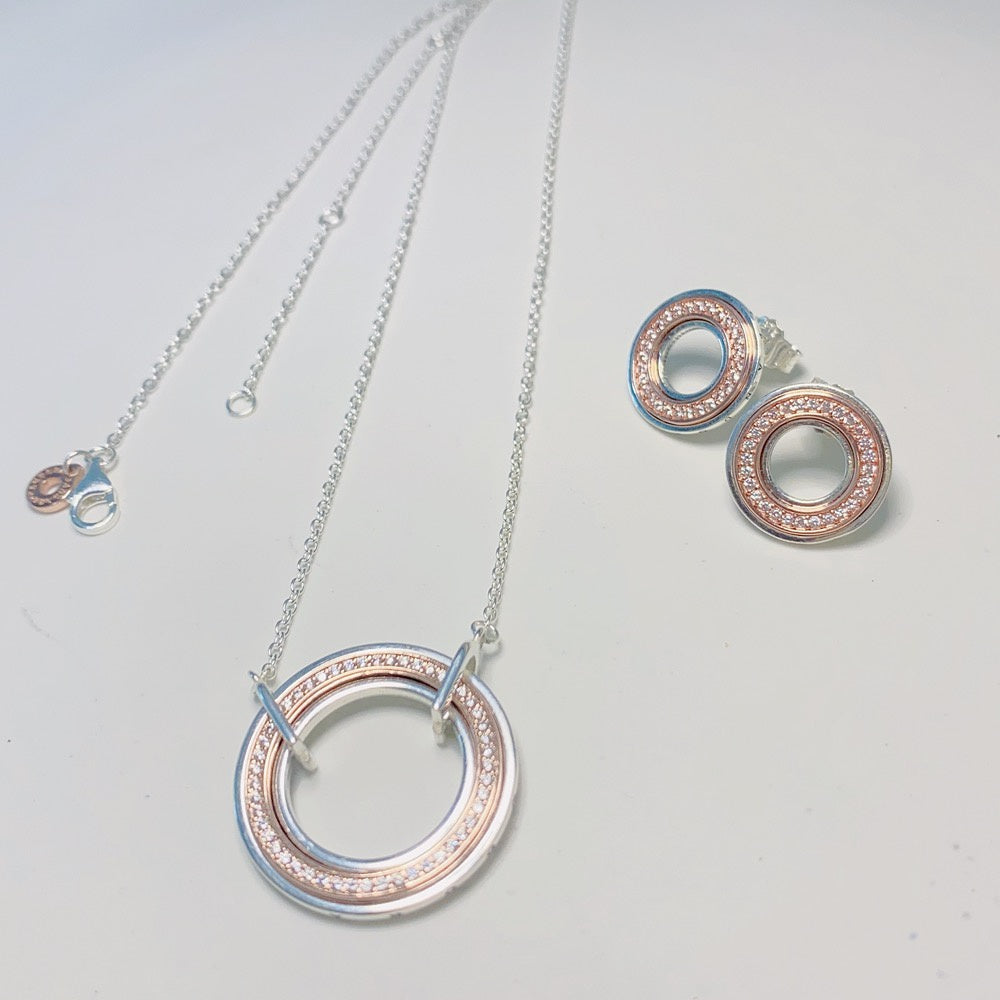 PAN Signature Two tone Intertwined Circles Necklace 382778C01 925 silver rose gold classic round