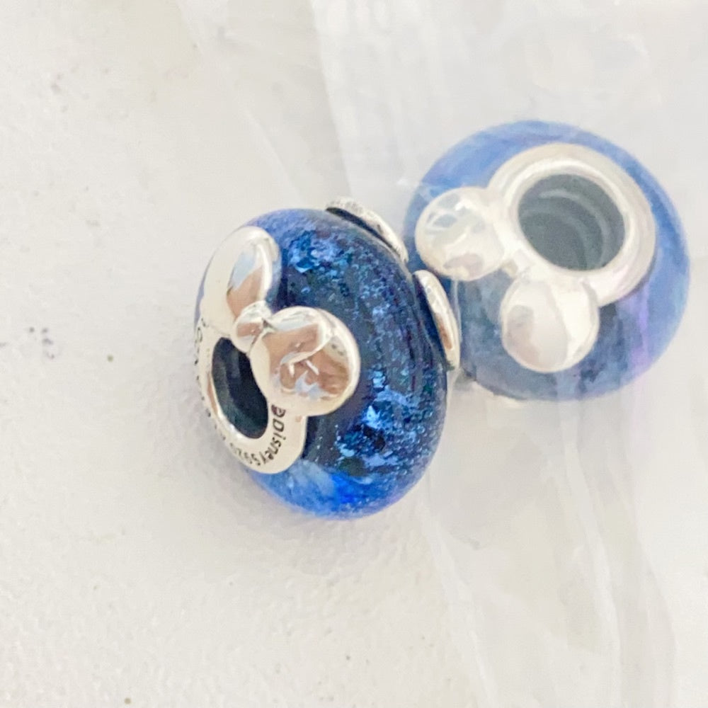 【Moments】Pan Dis*y Mickey Mouse & Minnie Mouse Blue Murano Glass Charm 7792958C01925 silver cartoon