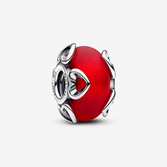 【Moments】Pan Frosted Red Murano Glass & Hearts Charm 792497C01 925 silver red heart