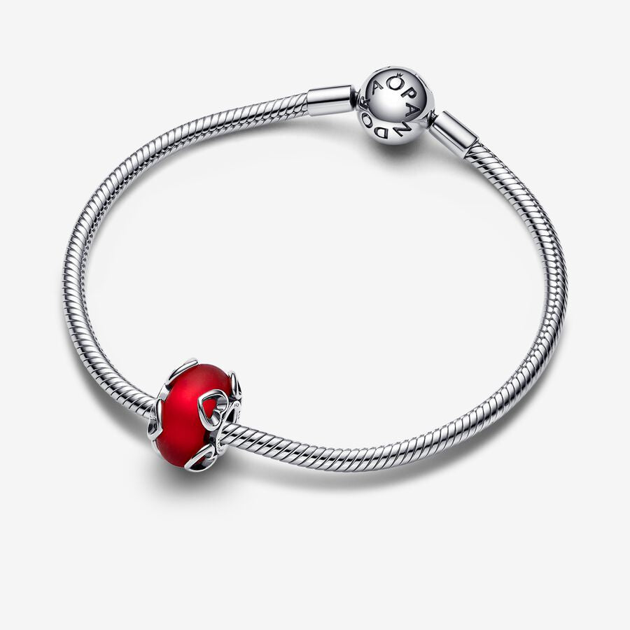 【Moments】Pan Frosted Red Murano Glass & Hearts Charm 792497C01 925 silver red heart