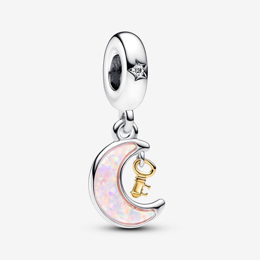 【Moments】Pan Two-tone Key & Moon Dangle Charm 762985C01 925 silver Gold white pink pandant